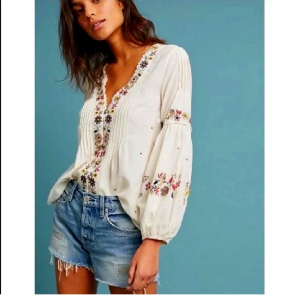 Vanessa Virginia Anthropologie Women Carthage Embroidered Peasant Top